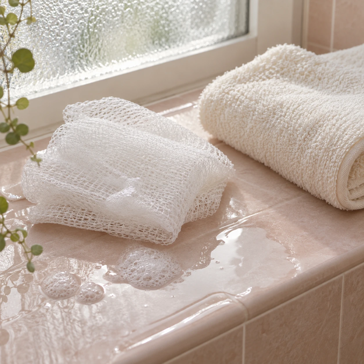 Nylon washcloth and cotton towel beside water and soap bubbles