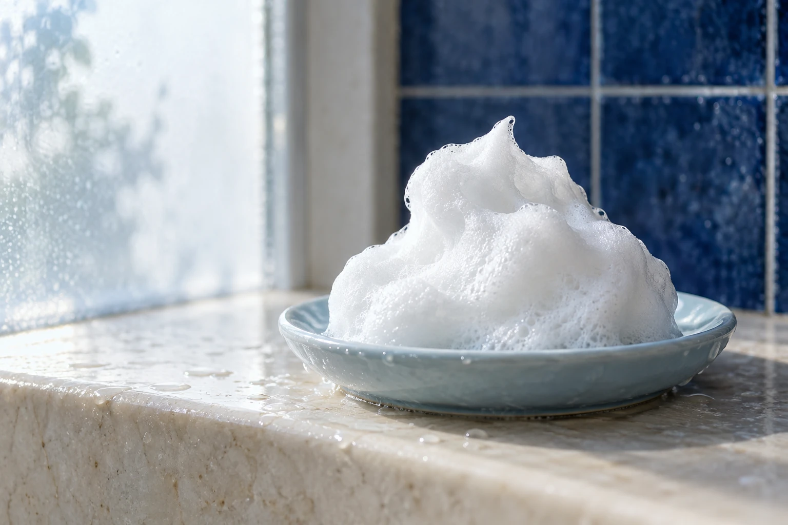 Creamy soap lather on a ceramic dish in a Japanese bathroom-inspired still life
